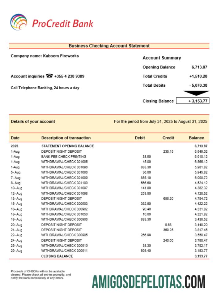 Organização ProCredit Verificando extrato de conta em formato Word e PDF exemplo real